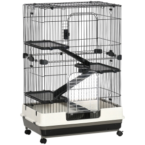 Pawhut Gaiola de 3 Andares em Metal para Roedores Coelhos e Furões com Bandeja e 4 Rodas 81,2x52,7x114 cm Preto
