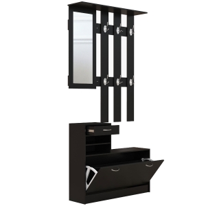 HOMCOM Móvel de Entrada Cabideiro com Sapateira e Espelho em Aglomerado 90x10x102 cm Preto