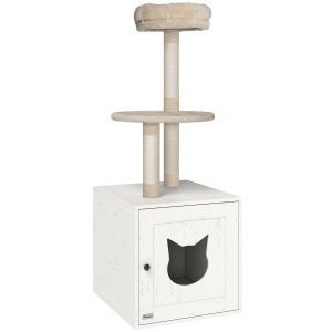 Pawhut Árvore para Gatos com Casa de Banho Torre de Jogo 2 em 1 de 129 cm com Cache Litière Postes para Arranhar Creme