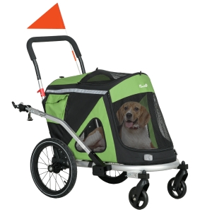 Pawhut Carrinho de Cão 2 em 1 Corredor de Cão Reboque de Bicicleta 2 Refletores 1 Corda de Segurança 150x68x95 cm Verde