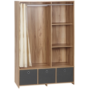 HOMCOM Armário de Closet Armário de Arrumação com Barra Cortinas 3 Gavetas de Tecido Removíveis 105x48x160 cm Natural