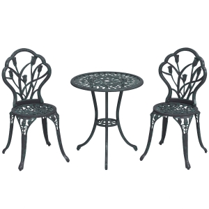 Outsunny Conjunto de Mobiliário de Jardim 2 Lugares 2 Cadeiras Mesa Redonda Alumínio Imitação Ferro Forjado Verde