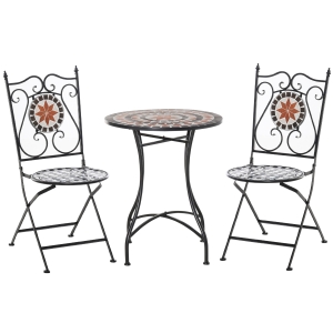 Outsunny Conjunto Bistrô 2 Lugares 3 Peças Ferro Forjado Mosaico de Cerâmica Motivo Rosa Dos Ventos Cadeiras Dobráveis Metal Preto