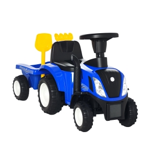 HOMCOM Tractor sin Pedales para Niños de 12-36 Meses con Remolque Extraíble Coche Correpasillos con Bocina Faros Pala Asiento de Suelo 25 cm y Rastrillo Carga 25 kg 91x29x44 cm Azul
