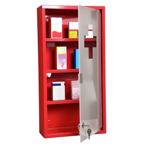 HOMCOM Medizinschrank Arzneischrank Medikamentenschrank mit 3 Ebenen Erste-Hilfe-Schrank mit Schloss Apothekerschrank mit Mattglastür Stahl Rot 27 x 57 x 12 cm
