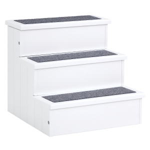 PawHut Escalier pour chien animaux rampe 3 marches revêtement tapis coffre interne rangement blanc gris