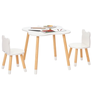 HOMCOM 3-teiliges Kindertisch-Set bogenförmige Kindersitzgruppe Tisch mit 2 Stühlen MDF Tischbeine aus Kiefernholz Weiß+Naturholz 56 x 56 x 50 cm