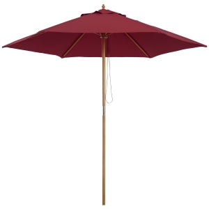 Outsunny Ombrellone da Giardino Rotondo, in Legno e Poliestere con Apertura a Corda, 2.5x2.3 m, Bordeaux