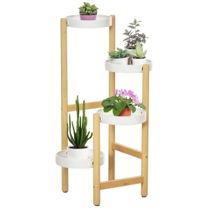 Outsunny Support pour plantes étagère à fleurs à 4 niveaux en bambou et métal pour extérieur intérieur 28 x 28 x 80 cm blanc