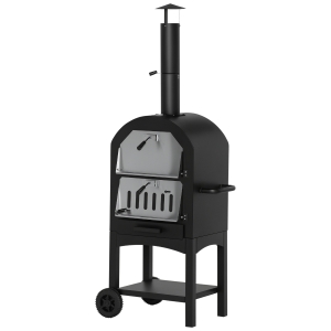 Outsunny Cuptor Portabil cu Cărbune pentru Pizza și Barbecue, Cuptor cu Lemne, Coș de Fum și Raft Inferior, 63x54x161 cm, Negru