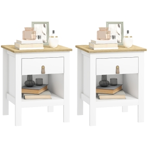 HOMCOM Set 2 Noptiere cu Sertar și Raft Deschis din Lemn Alb și Stejar