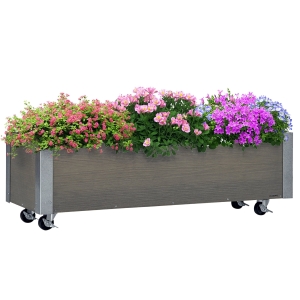 Outsunny Fioriera Rettangolare in Legno con Ruote e Freno Grigio