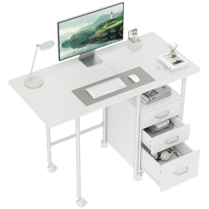 HOMCOM Bureau d'ordinateur pliable sur roulettes, bureau avec rangement, 3 tiroirs, plateau extensible, 105x51x75,5cm, blanc