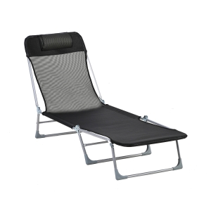 Outsunny Bain de soleil transat chaise longue inclinable pliable avec oreiller dossier réglable sur 5 niveaux noir