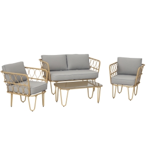 Outsunny Ensemble salon de jardin canapé 2 places + 2 fauteuils + 1 table basse plateau verre trempé 7 coussins gris