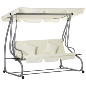 Outsunny Schaukelstuhl 3-Sitzer Gartenschaukel Hollywoodschaukel mit Sitz- und Rückenlehnen Tablett Schwingbank Sitzbank Dachwinkel verstellbar Stahl Polyestergewebe 200 x 120 x 164 cm Beige