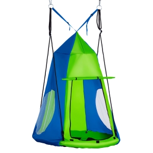 Outsunny Balançoire nid d'oiseau Ronde avec Tente Amovible Ø 100 cm 4 Anneaux Inclus métal époxy Oxford Haute densité - Vert et Bleu