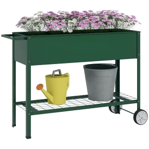 Outsunny Jardinieră Exterioară cu Raft Inferior pentru Unelte, Jardinieră Metalică cu 2 Roți și Mâner, 109x44x80 cm, Verde