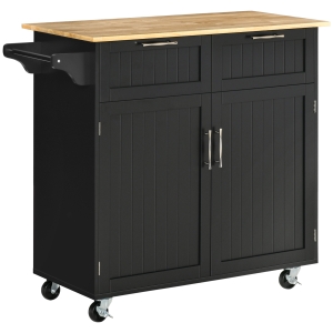 HOMCOM Mueble Auxiliar de Cocina con Ruedas 2 Cajones 2 Puertas Estante Ajustable y Toallero 104x46x91 cm Negro