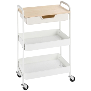 HOMCOM Carrito de Cocina con Ruedas Carro de Almacenamiento con Cajón Extraíble 2 Cestas y Frenos para Baño Salón Dormitorio 43,9x30,5x75,6 cm Blanco