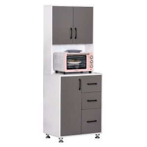HOMCOM Küchenschrank Hochschrank mit 2 Türen Regal Mikrowellenregal Küchenbuffet mit unterem Aufbewahrungsschrank und 3 Schubladen Kommode Spanplatte Stahl Grau+Weiß 60 x 40 x 160 cm