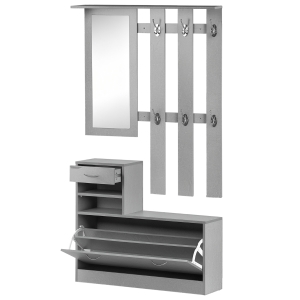 HOMCOM Ensembles 3 en 1 de meuble d'entrée vestiaire avec panneau porte-manteau, miroir et banc à chaussures - 6 crochets et étagère réglable, effet béton gris