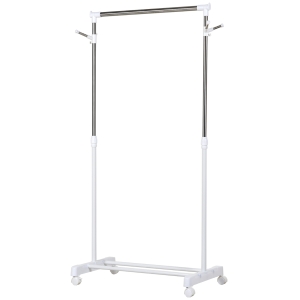 HOMCOM Estante de Ropa Perchero Estándar de Barra Altura Ajustable Portátil con Estante Inferior sobre Ruedas Tubería de Acero 68,5x42x87-145 cm Blanco Plata