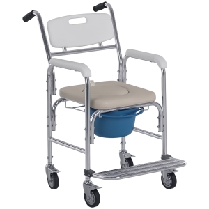 HOMCOM Sedia a Rotelle Impermeabile con WC Seduta in Ecopelle, 4 Ruote, Vaso Rimovibile per Anziani/Disabili, 84x54x96cm