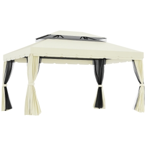 Outsunny Gazebo da Giardino 4x3m con Zanzariera, Tende e Doppio Tetto in Alluminio e Poliestere, Crema