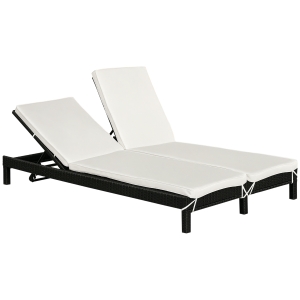 Outsunny Bain de soleil transat 2 places - grand confort - dossier inclinable multi-positions - matelas fournis crème - résine tressée 4 fils noir