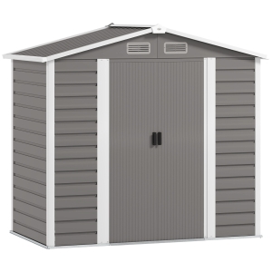 Outsunny 7 x 4ft Garden Shed, Easy to Assemble, Upgraded Galvanised Steel Frame with Foundation Kit, Double Doors with Lock, Outdoor Metal Shed with Vents and Gloves, Garden Storage Shed, Light Grey