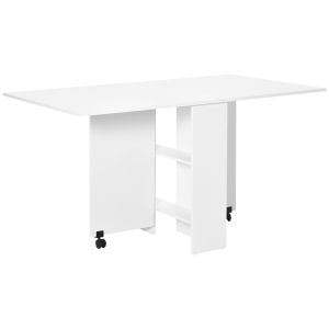 HOMCOM Mesa de Comedor Plegable Mesa de Madera con 2 Solapas 2 Estantes de Almacenaje y Ruedas para Cocina 80x140x74 cm Blanco