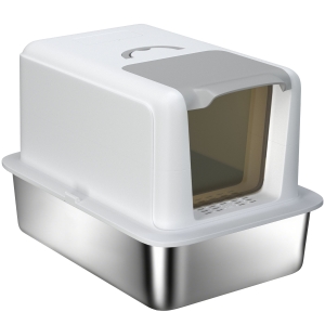 PawHut Katzentoilette, Wanne aus Edelstahl, Filter, Schaufel, für Katzen bis 6 kg, 40,5 x 60,5 x 41,5 cm, Weiß/Silber