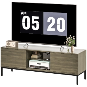 HOMCOM Meuble TV meuble télé pour téléviseur jusqu'à 60 pouces avec 2 portes et étagère en verre réglable 140x40x49,5cm gris