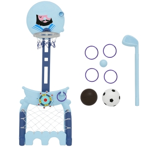 HOMCOM Canasta de Baloncesto con Soporte 4 en 1 Juego de Golf Balón de Fútbol con Altura Ajustable Centro de Actividades para Niños de +3 Años 58x56x154 cm Azul