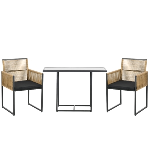 Outsunny Set de Mesa de Cristal y 2 Sillas de Ratán Sintético con Respaldos Plegables Diseño Anidado con Cojines Natural y Negro