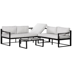 Outsunny Conjunto de Muebles de Jardín 3 Piezas de Aluminio Juego de Muebles con Mesa de Vidrio Sofá de 5 Plazas con Respaldo Ajustable y Cojines Extraíbles 206x68x62 cm Negro y Gris