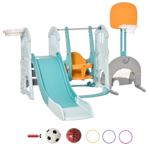 HOMCOM 5 en 1 Tobogán y Columpio para Niños +18 Meses con 2 Canastas de Baloncesto Portería Fútbol con Asiento Ajustable Parque Infantil Interior y Exterior 210x186x133 cm Multicolor