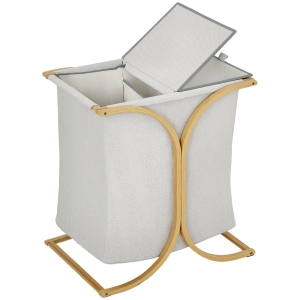 HOMCOM Coș de Rufe Dublu cu 2 Secțiuni, Coș de Rufe din Bambus cu Capac, 55x40x62 cm, Gri