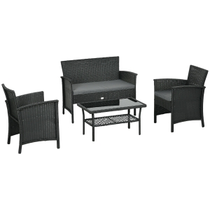 Outsunny Set Exterior Rattan PE cu Canapea, 2 Fotolii cu Perne și Măsuță din Sticlă, Negru și Gri