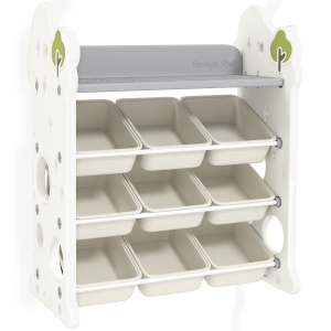 AIYAPLAY Etagère de Rangement pour Enfants avec 9 conteneurs pour jouets et livres, chambre d'enfant, maternelle, plastique, Blanc crème