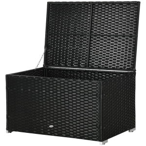 Outsunny Coffre Jardin Rotin Noir 95x60x53cm Acier Couvercle