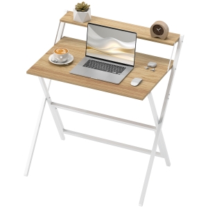 HOMCOM Bureau Pliable avec Étagère pour Moniteur, 81,5x62x86,5 cm, Bois et Blanc