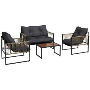 Outsunny Set de Mobilier de Gradina din 4 Piese PE Rattan cu Canapea Dubla, Fotoliu si Masuta de Cafea din Sticla, 106x70x72 cm