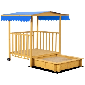 Outsunny Arenero para Niños Veranda de Madera con Techo y Ruedas Juego para Niños de 3-8 Años para Jardín 133x129x137,5cm Natural