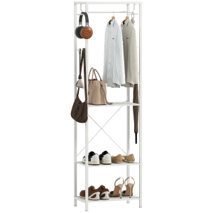HOMCOM Appendiabiti con Scarpiera a 2 Livelli, Barra Appendi Abiti, 4 Ganci, Mensola Superiore, 52x30x180 cm, Bianco