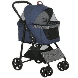 PawHut 2-in-1 Hundebuggy, abnehmbare Transporttasche, klappbarer Metallrahmen, 77,5 x 51 x 99,5 cm, Dunkelblau+Schwarz