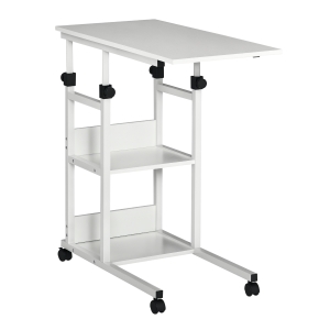 HOMCOM Table d'appoint Bout de canapé Table roulante Table de Lit pour Ordinateur Portable Hauteur réglable - 2 étagères intégrées - cadre métal Blanc