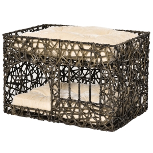 PawHut Cesta de Ratán para Gatos de 2 Alturas Cama Cueva de Gatos con 2 Cojines Suaves y Ventana 56x41x45 cm Café Oscuro