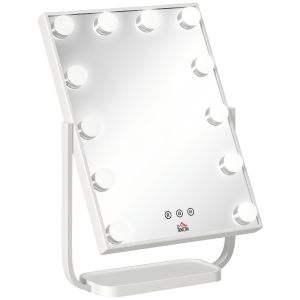 HOMCOM Espelho de Maquilhagem Espelho de Mesa com 12 Luzes LED 3 Temperaturas de Cores Ecrã Tátil Ajustável e Função de Memória para Dormitório Casa de Banho 32,8x11x47,4cm Branco